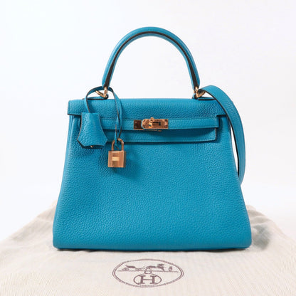 Hermes Togo Leather Kelly 25 Gold Hand-turned Shoulder And Back Bag Bleu Zanzibar 2way Shoulder Bag Blue Zanzibar Blue B