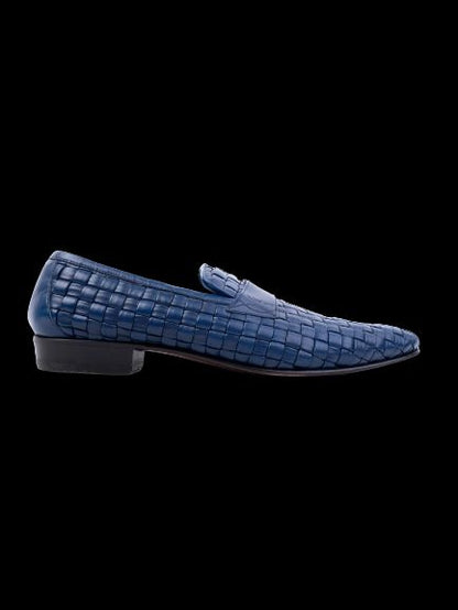 A.Testoni Excellent Blue Leather Woven Loafers Size 43 for Men