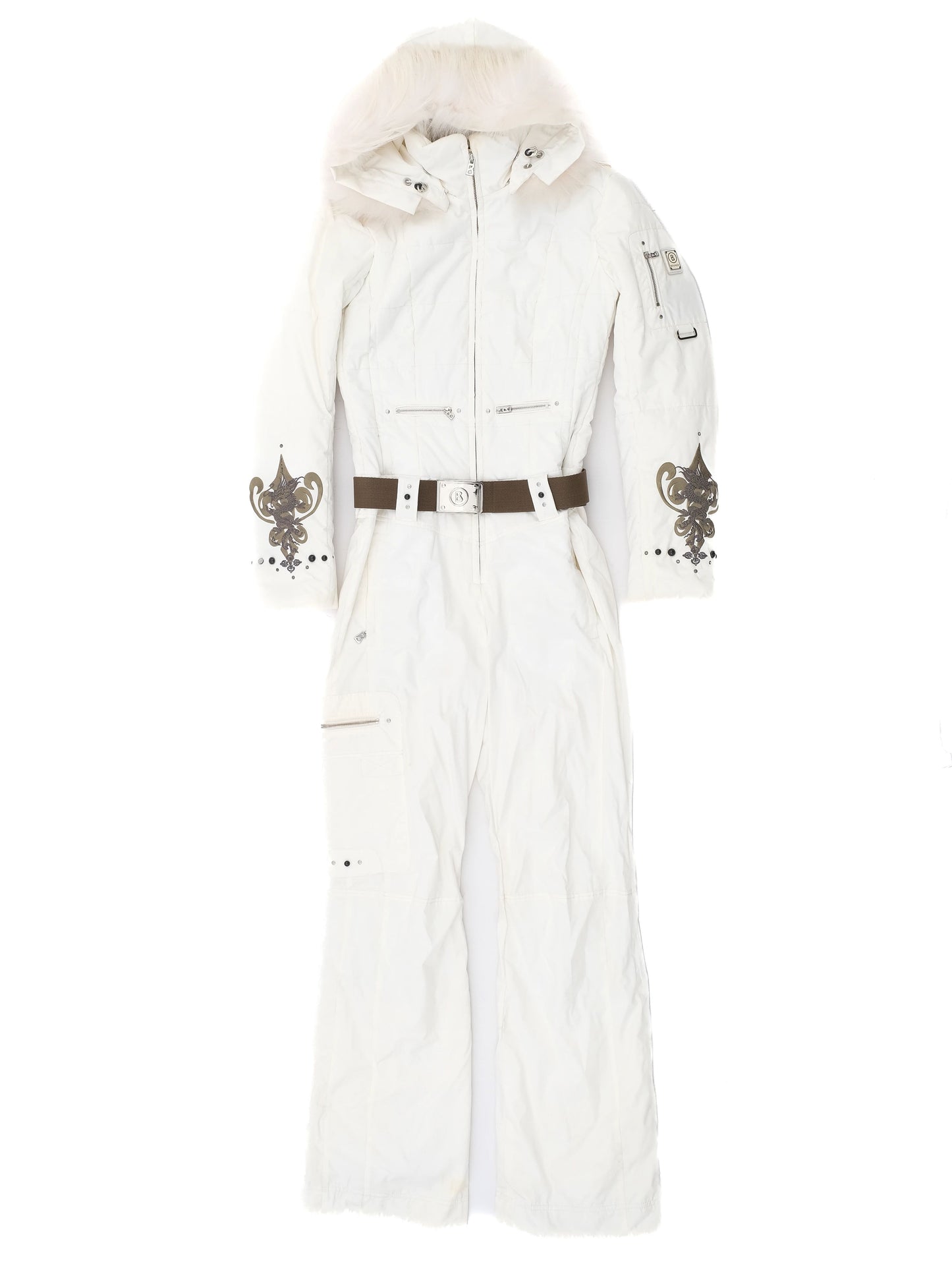perfect bogner white women's snow suit size s with fur hood