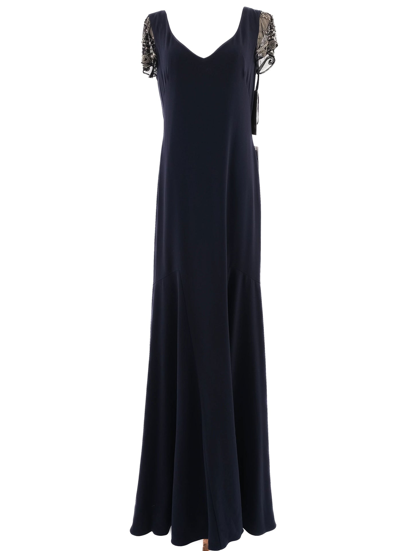 new theia couture formal navy blue gown size xl with beaded details