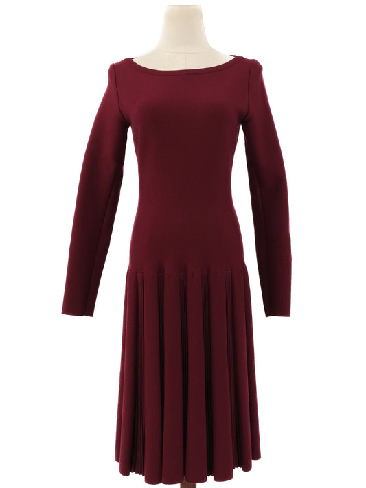 NEW Alaia Burgundy Wool Long Sleeve Dress with Pleated Skirt