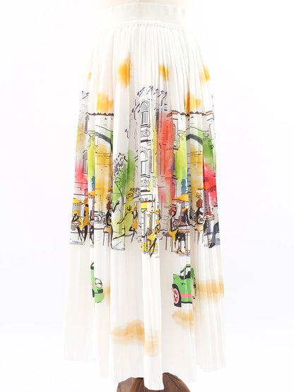 Excellent Vakko Pleated Skirt M Colorful Cityscape Design Polyester