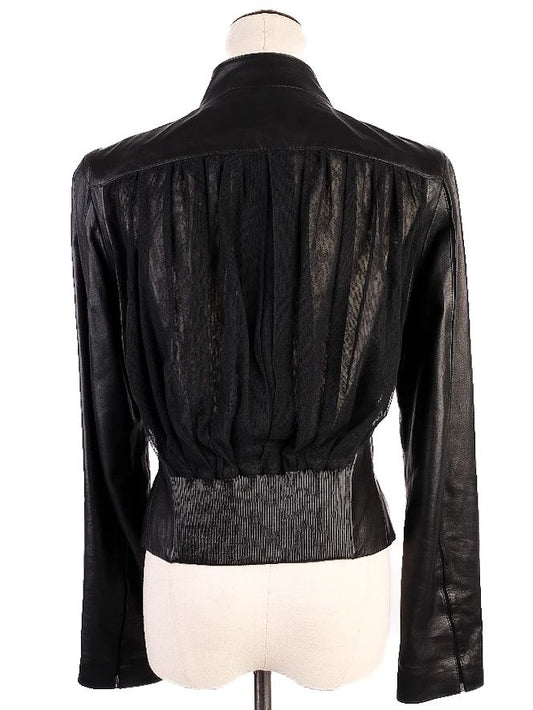 Excellent Escada Black Leather Jacket XXS with Mesh Back