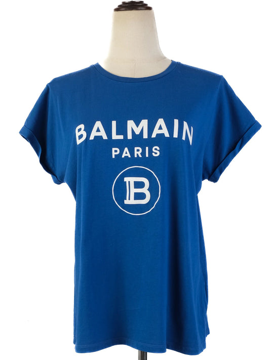 Excellent Balmain Blue Cotton T-Shirt Size M with Logo