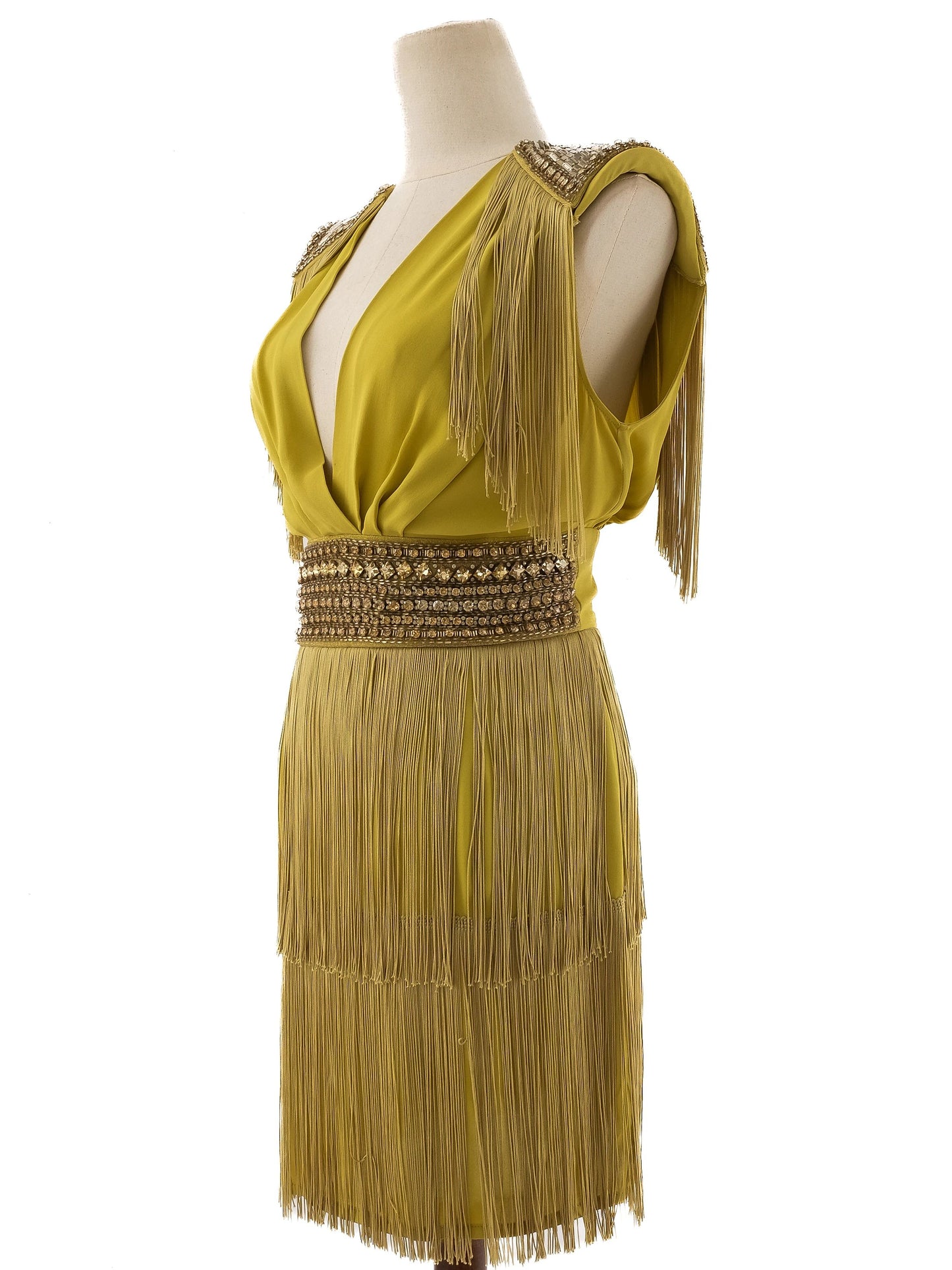 excellent elisabetta franchi yellow viscose dress size m with fringe