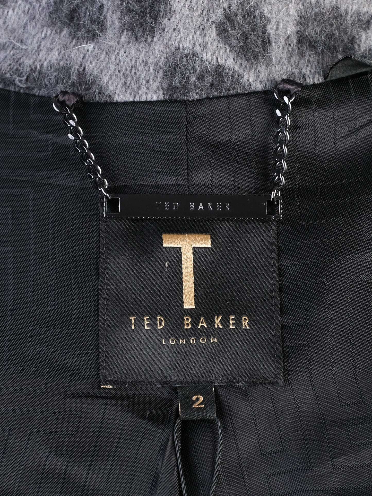 ted baker gray leopard print wool jacket with large buttons