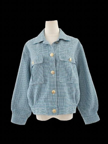 Excellent Maje Blue Cotton Plaid Jacket Size M with Gold Buttons