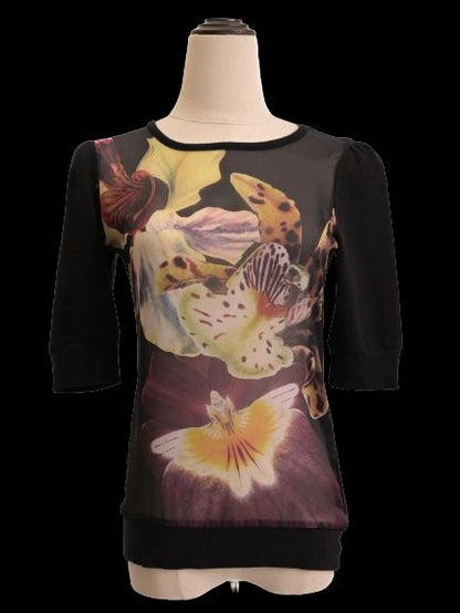 Excellent Ted Baker Black Floral Print Top Size S Cotton