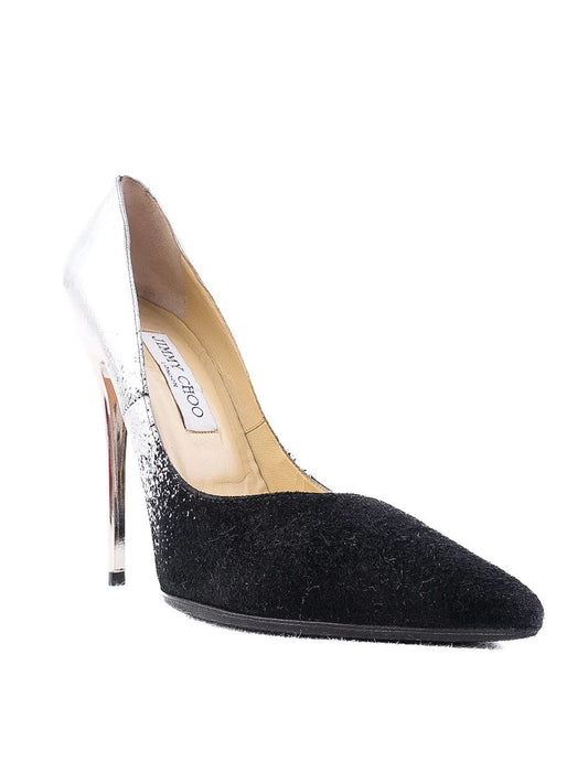 Excellent Jimmy Choo Black Silver High-Heeled Shoes Leather Women's