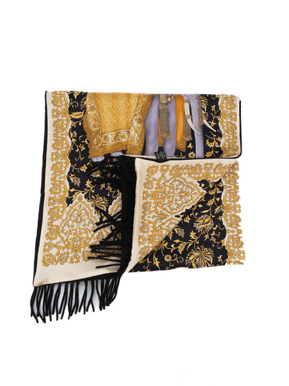 Excellent Feru Silk Scarf Combined Color Gold Black Decorated Elephants