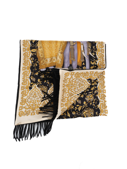 Excellent Feru Silk Scarf Combined Color Gold Black Decorated Elephants
