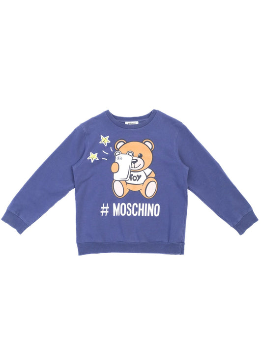 Excellent Moschino Kids Blue Cotton Sweatshirt Size 8 with Bear Graphic
