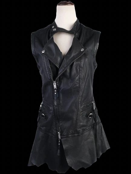 excellent high black leather vest size s edgy design with zippered pockets