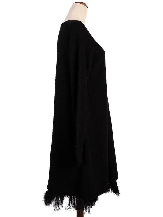 Excellent TWINSET Black Wool Long Sleeve Dress with Fringed Hem