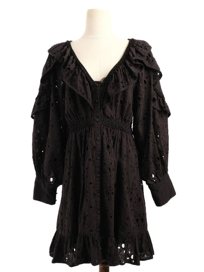 Excellent Uterque Black Cotton Dress M with Ruffle & Embroidery Details