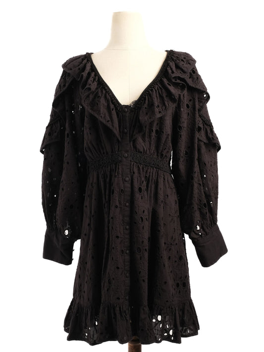 Excellent Uterque Black Cotton Dress M with Ruffle & Embroidery Details