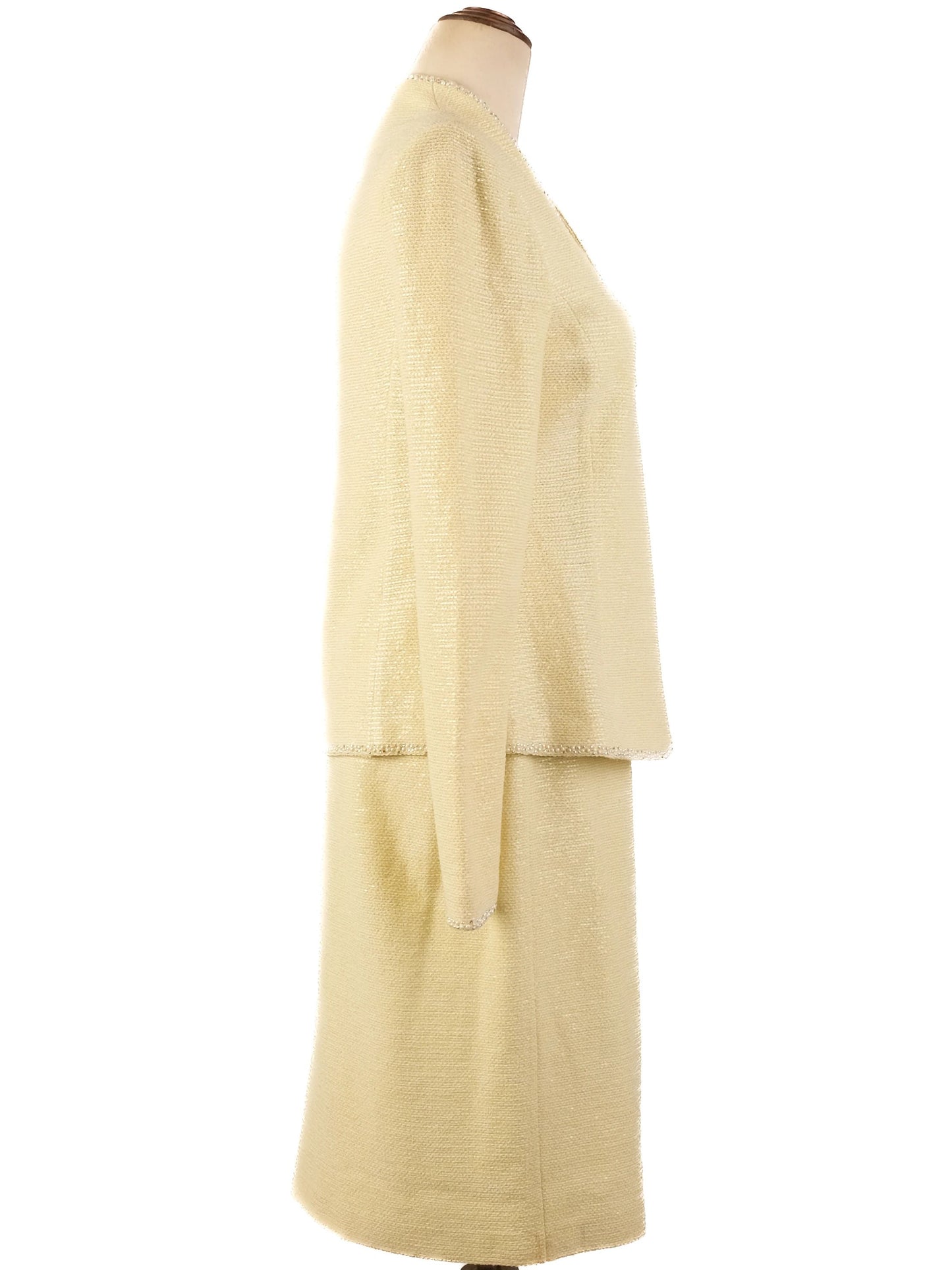 excellent st. john yellow wool women's suit jacket & skirt set