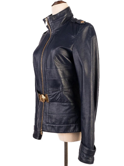 Versace Blue Leather Jacket Women Size XS Excellent Condition