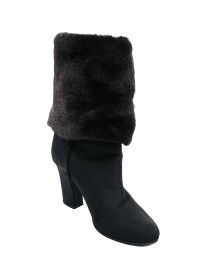 Good Casadei Black Leather Ankle Boots with Fur Cuff, Size 36.5