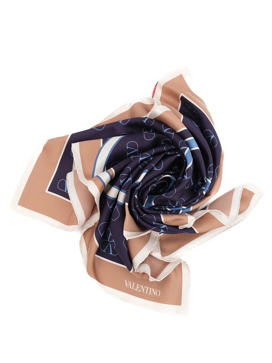 NEW Valentino Silk Scarf Combined Navy Blue & Beige with Logo