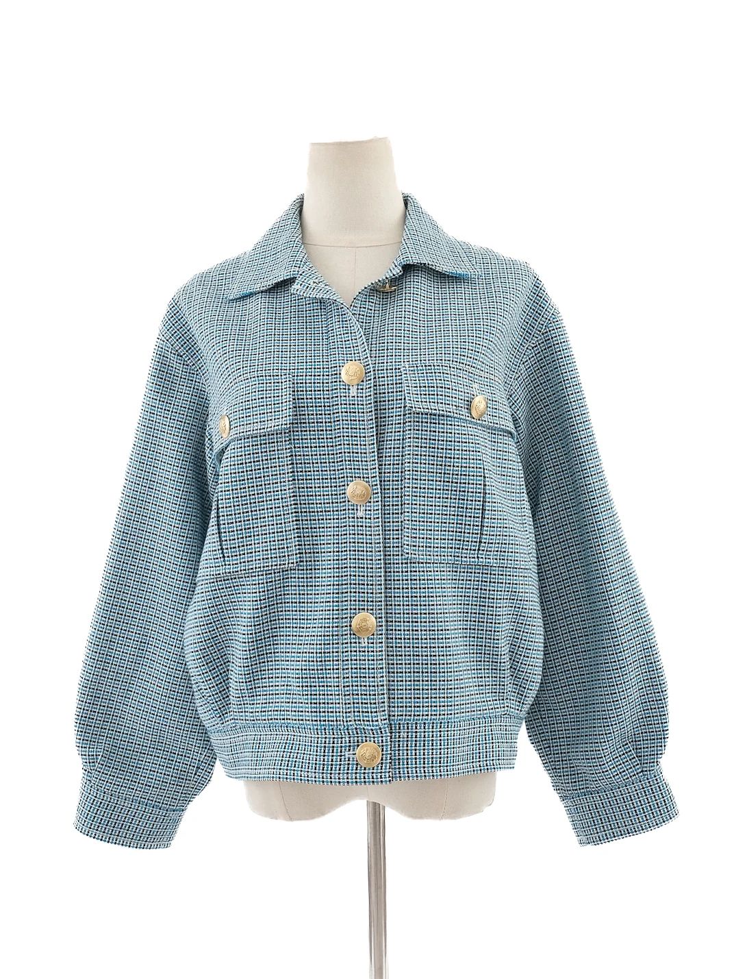 excellent maje blue cotton plaid jacket size m with gold buttons