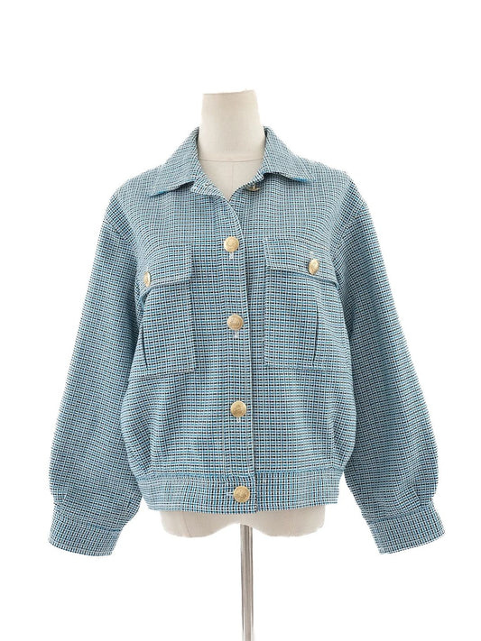 Excellent Maje Blue Cotton Plaid Jacket Size M with Gold Buttons