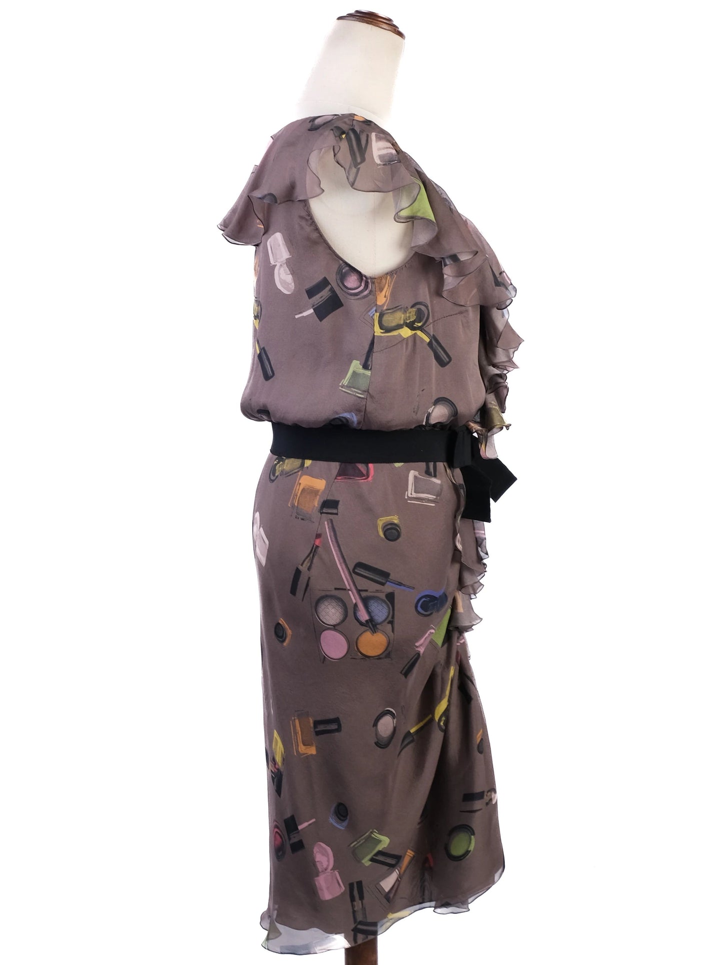 excellent moschino ruffled dress combined silk size m makeup print