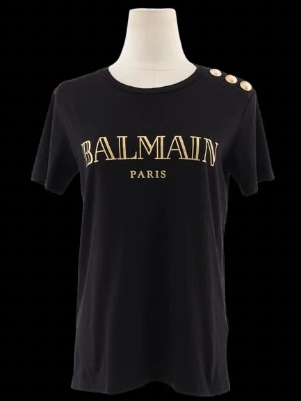 excellent balmain black t-shirt xs with gold print & buttons