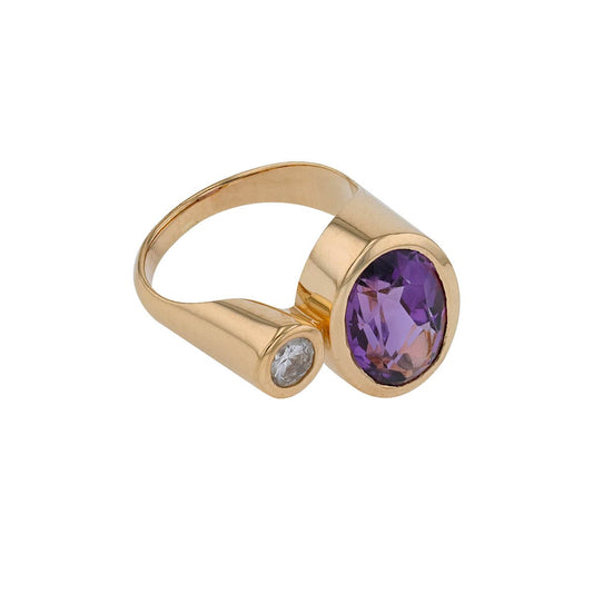 Amethyst, diamond and gold ring