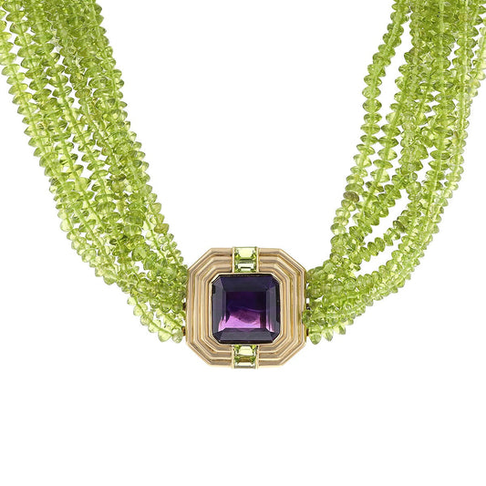 Amethyst, peridots and gold necklace