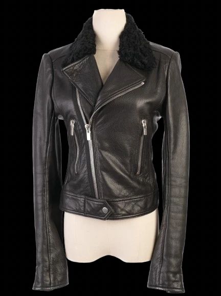 excellent balenciaga black leather jacket with shearling collar, size s