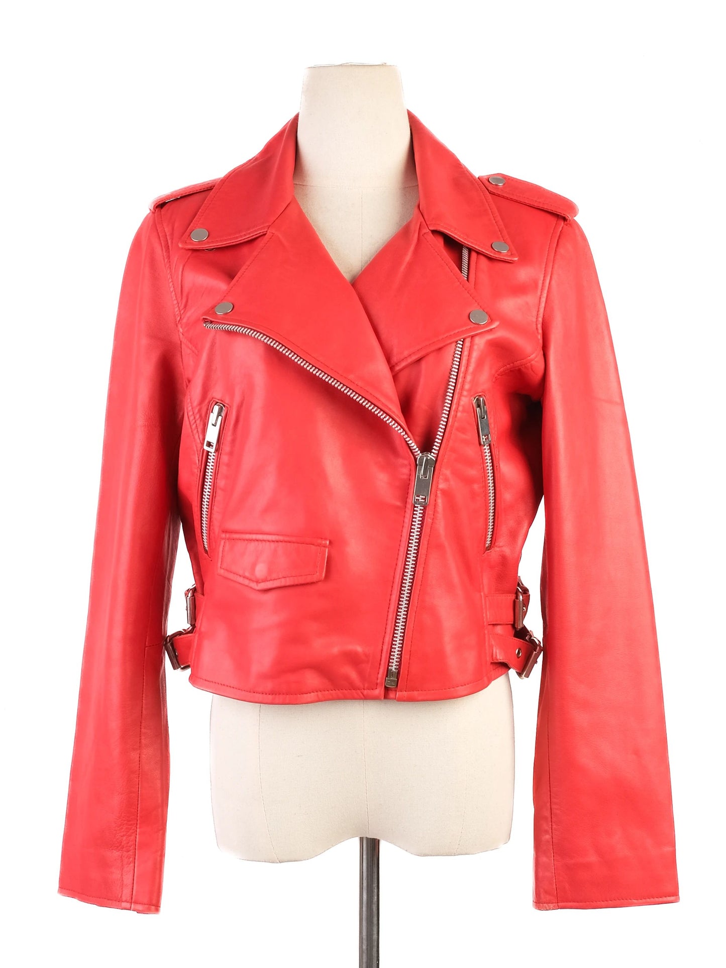 excellent walter baker red leather biker jacket size l