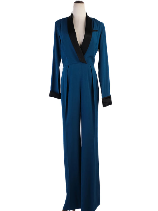 Excellent Rachel Zoe Teal Jumpsuit XS with Black Lapels & Cuffs