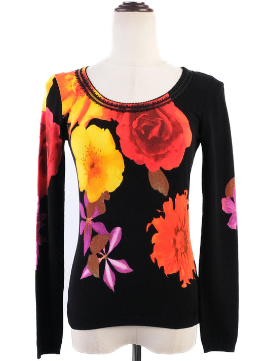 Excellent Blumarine Black Floral Print Sweater Size M Viscose
