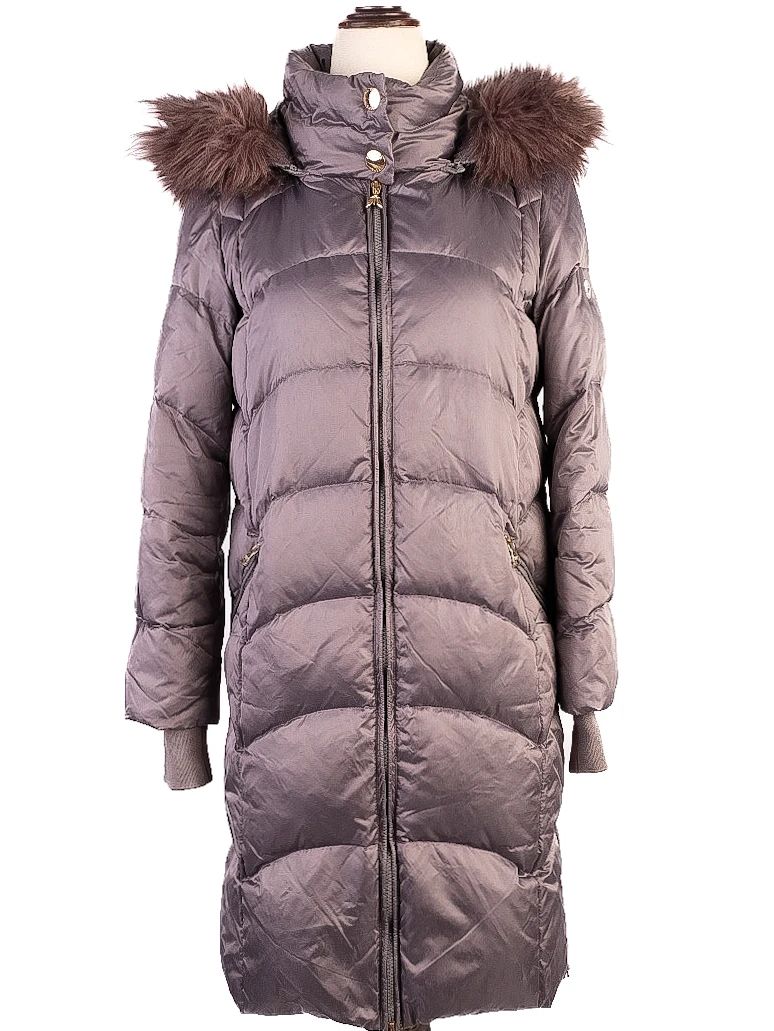 good patrizia pepe gray puffer coat xs with fur-trimmed hood