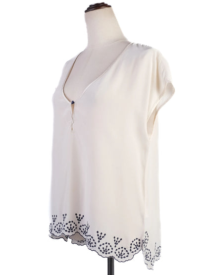 Zadig&Voltaire White Silk Blouse with Navy Embroidery Size M
