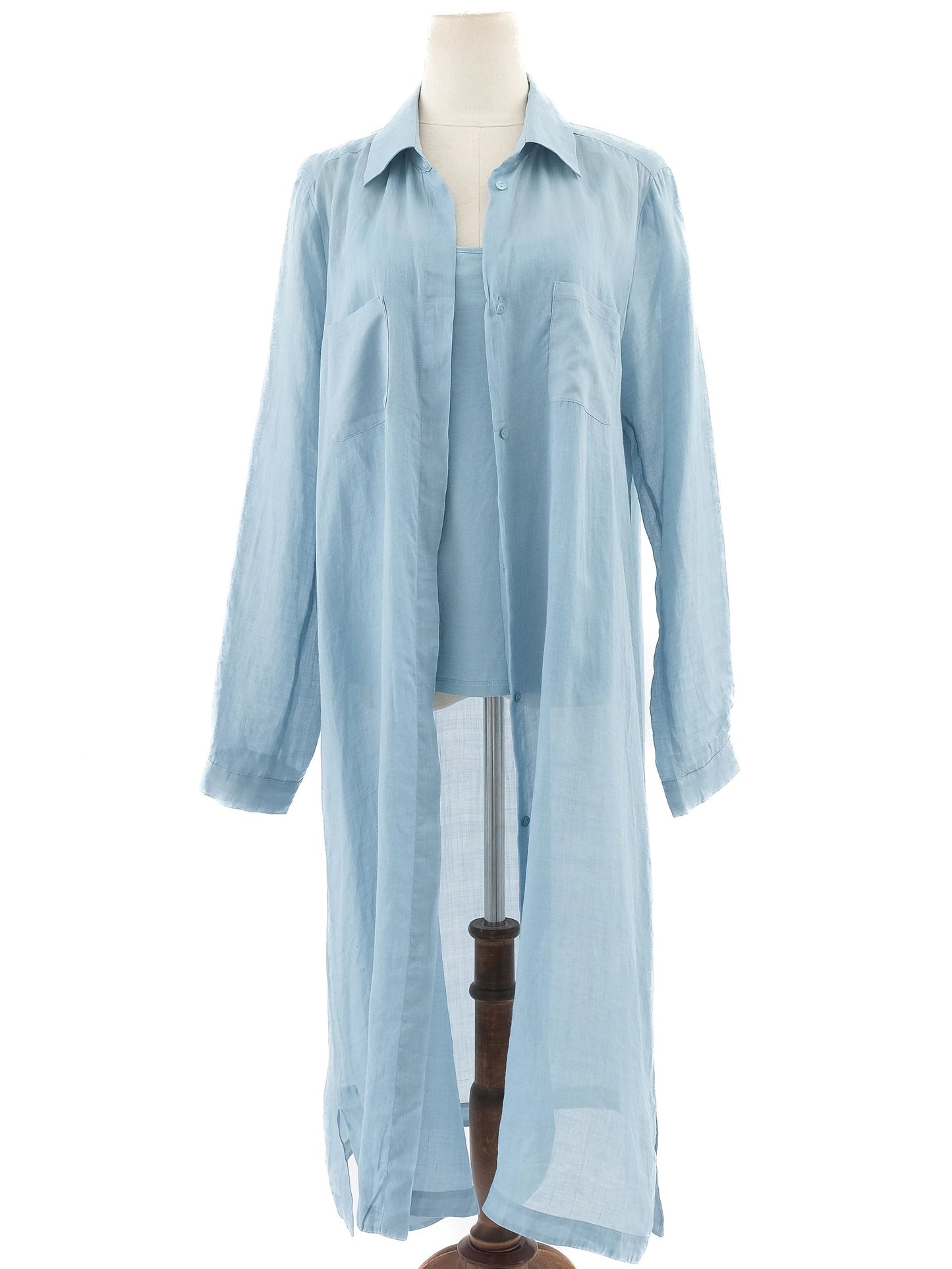 excellent max mara blue cotton sheer long-sleeved shirt dress
