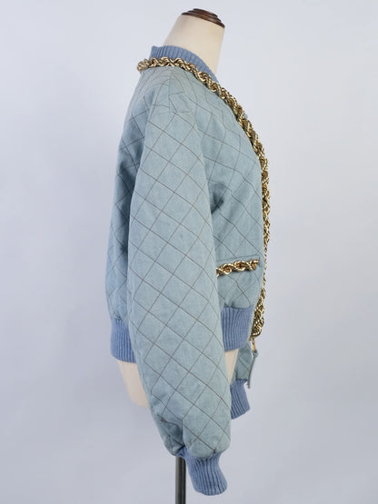 Excellent Moschino Blue Quilted Denim Jacket & Skirt Set