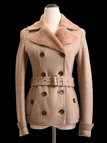 Excellent Burberry Beige Double-Breasted Wool Jacket with Fur Collar
