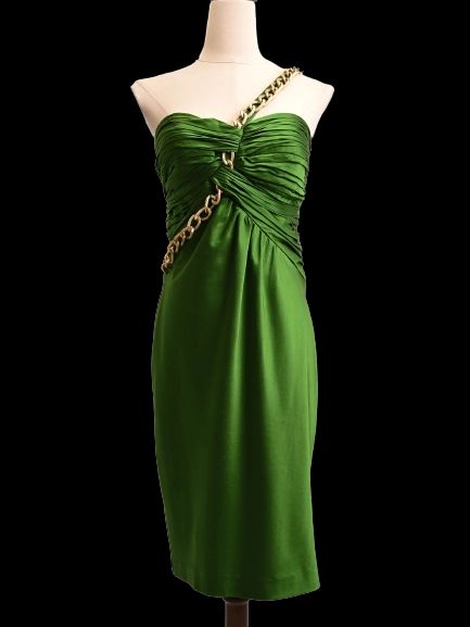 Dina Bar-EL Green Satin Dress Size S with Gold Chain Strap