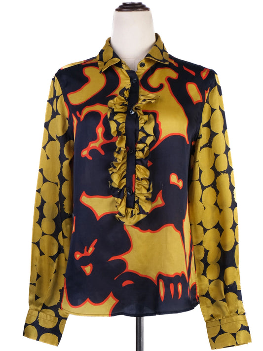 Excellent Moschino Long-Sleeved Silk Blouse Bold Pattern Women
