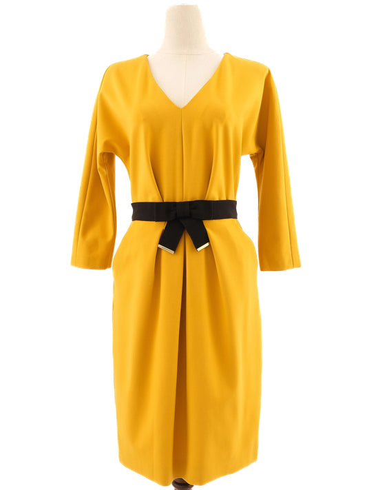 Excellent Luisa Spagnoli Yellow V-Neck Dress Size M with Belt