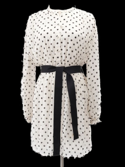 Excellent Maje White Polka Dot Dress Size S with Belt