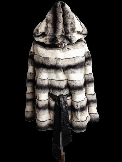 Good Cassie Gray Striped Fur Coat with Hood and Belt, Size XXS