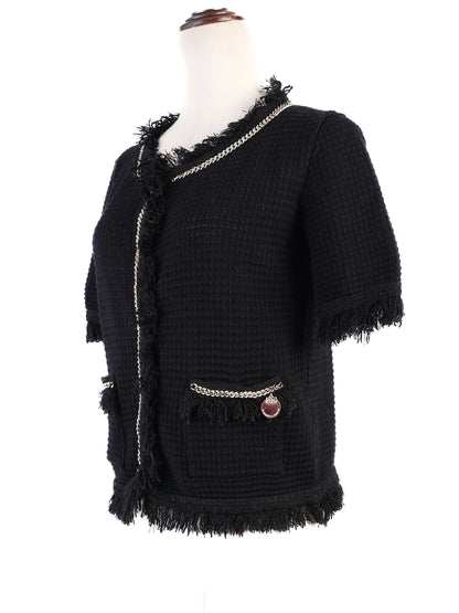 Excellent Elisabetta Franchi Black Cardigan Size S with Fringe Detailing