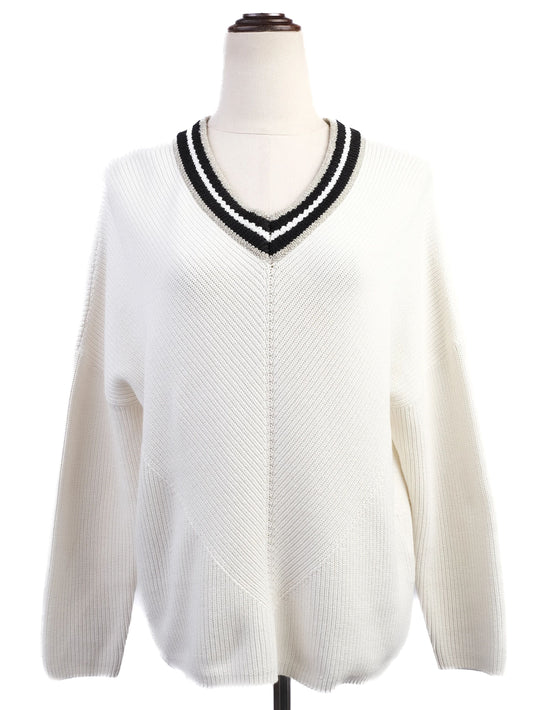 Maje White Knitted Sweater Excellent Condition V-Neck Striped