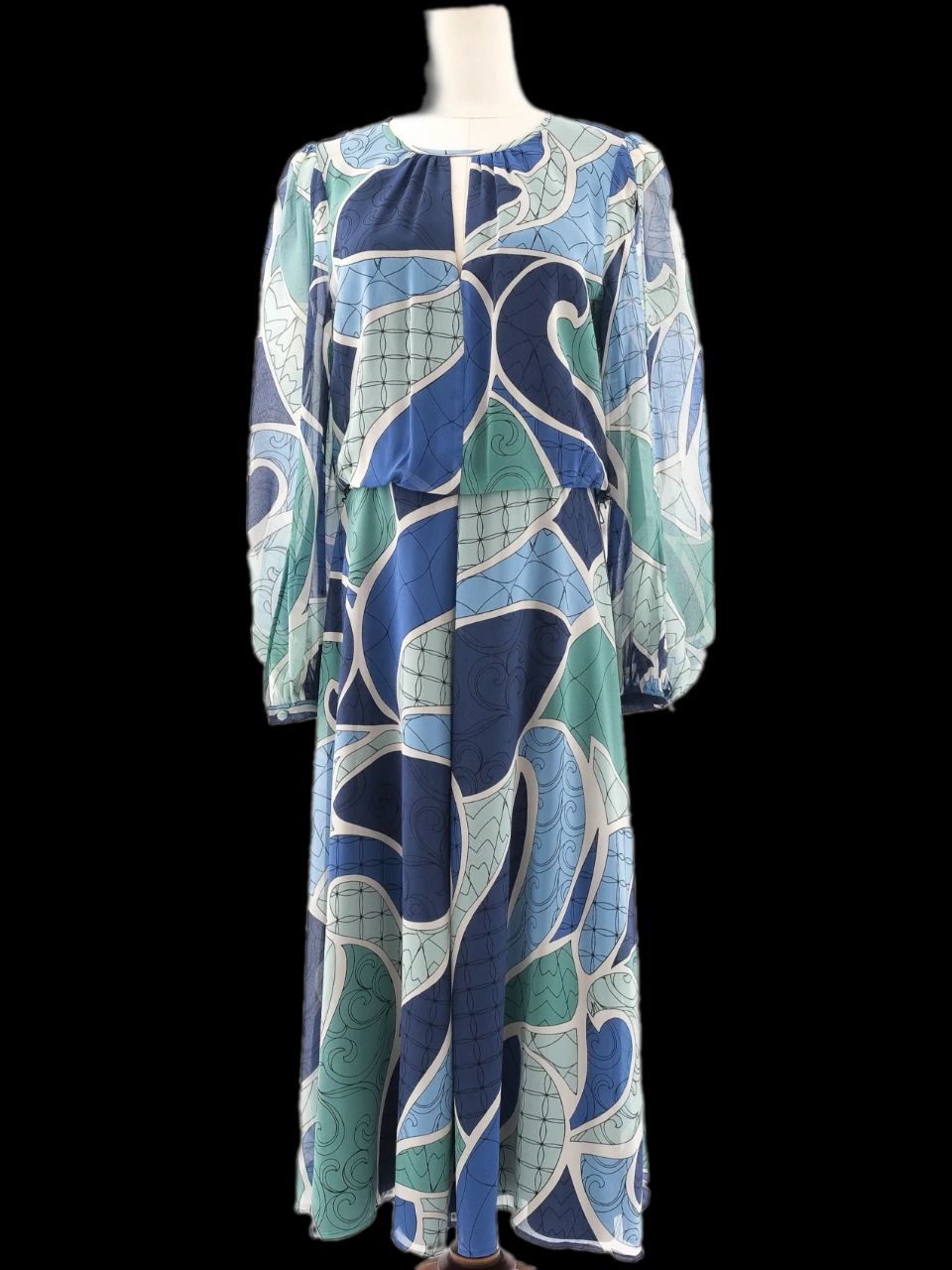 excellent marella long-sleeved dress blue green abstract size l