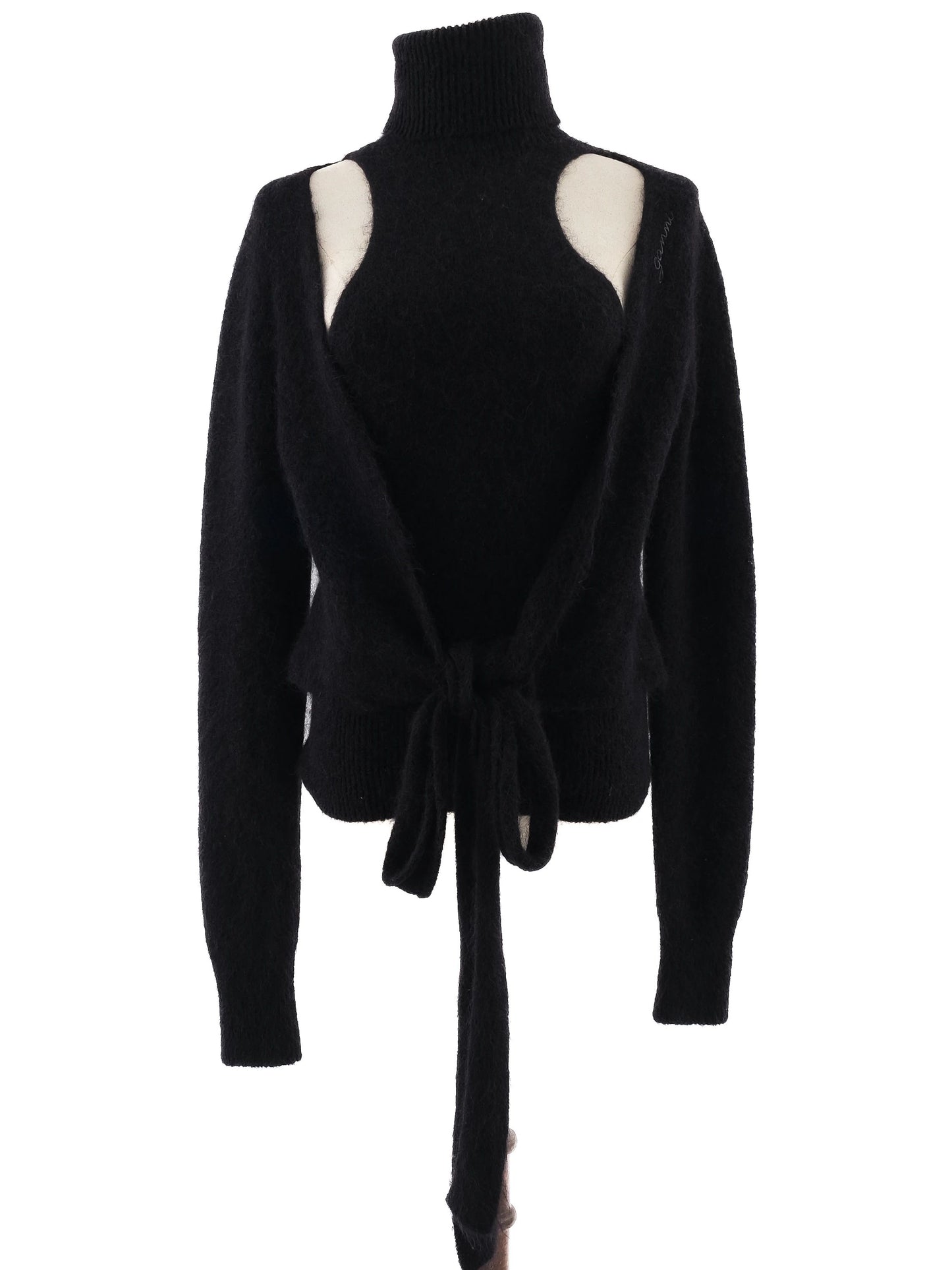 excellent ganni black wool turtleneck sweater size s with cutouts