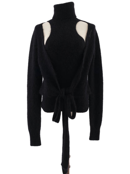 Excellent Ganni Black Wool Turtleneck Sweater Size S with Cutouts