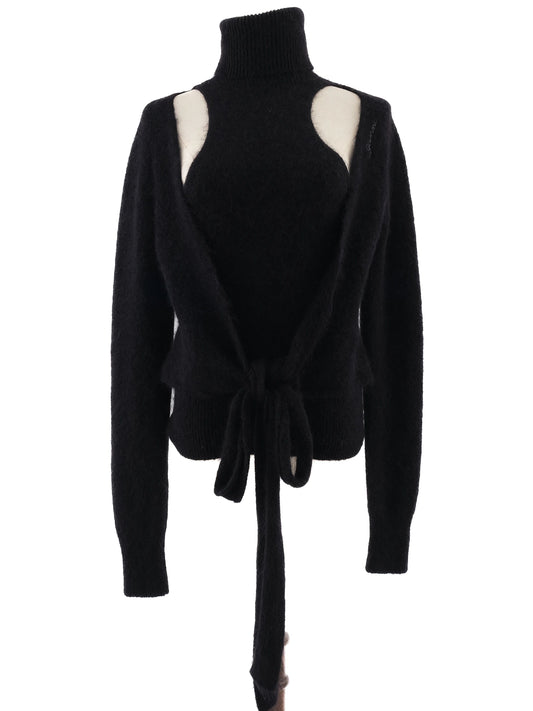 Excellent Ganni Black Wool Turtleneck Sweater Size S with Cutouts